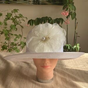 Elegant White Satin Ribbon Hat With Off White Pearl Floral Accent
